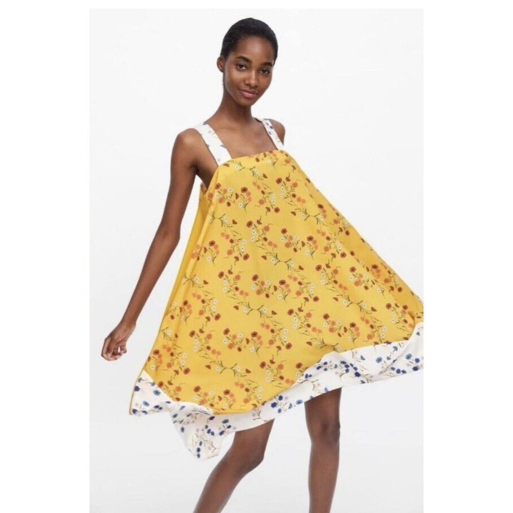Zara Yellow Floral Strappy Square Neck Assymetrical Hem Summer A-line Dress Sz S